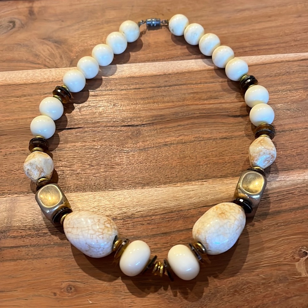 Vintage Gold & Cream Stone Beaded Necklace